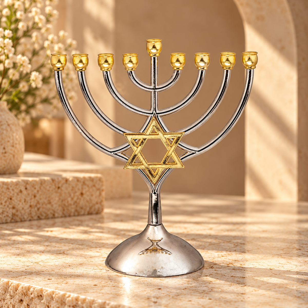 Hanukkiah – Silver & Gold Metal Hanukkah Menorah | Star of David Design with Gold Candle Holders