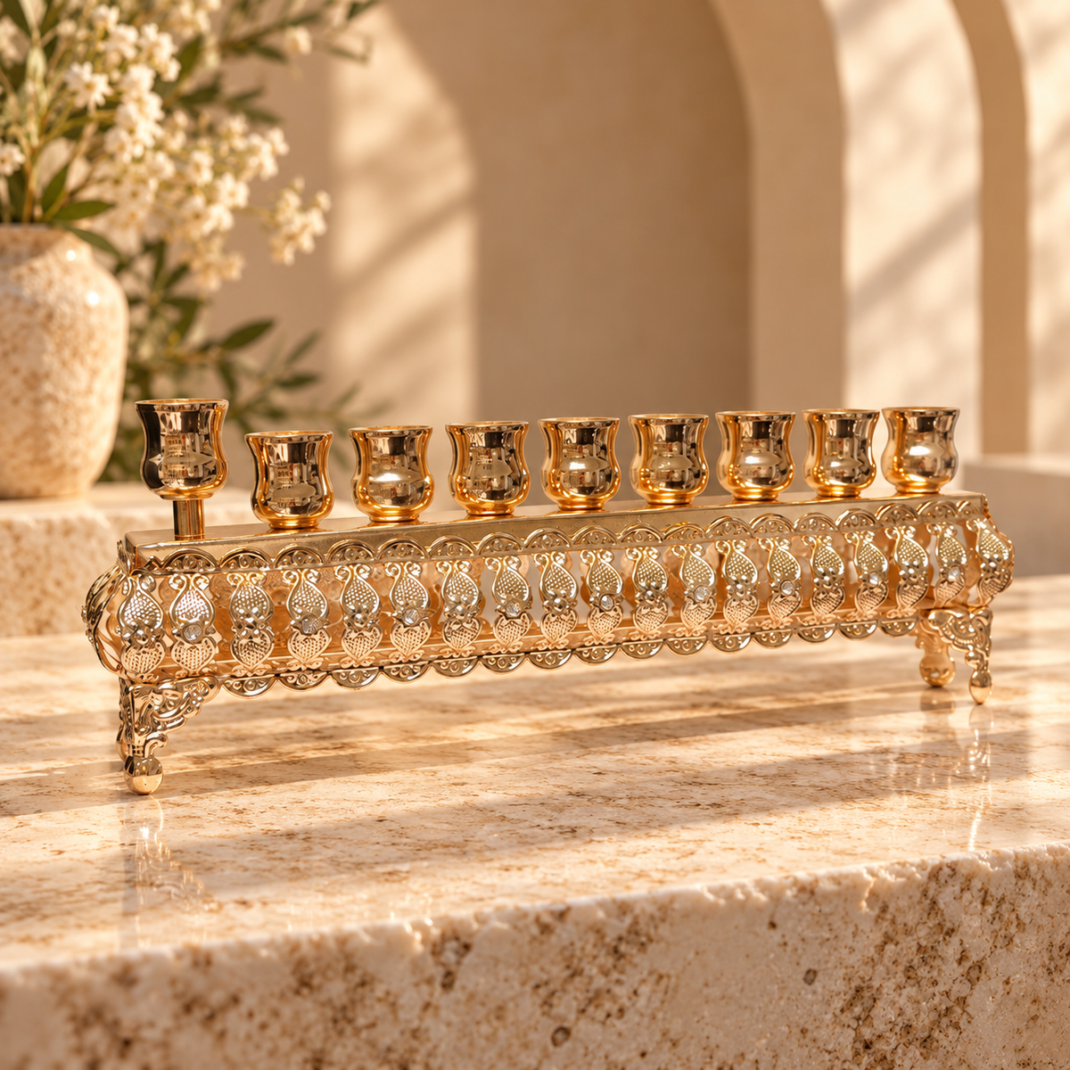 Hanukkiah – Reversible Rose Gold Hanukkah Menorah & Shabbat Candlestick Holder | Ornate Crystal-Accent Design