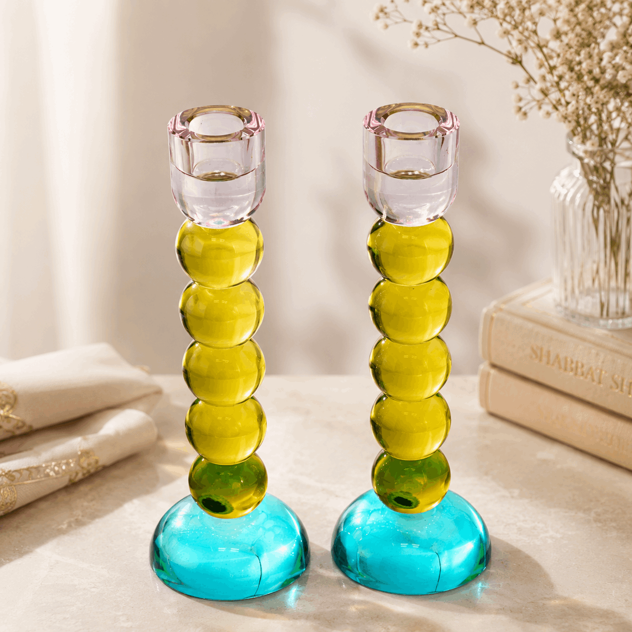 Candlesticks – Modern Glass Shabbat & Yom Tov Candlesticks | Pastel Blue, Yellow & Pink Bubble Design