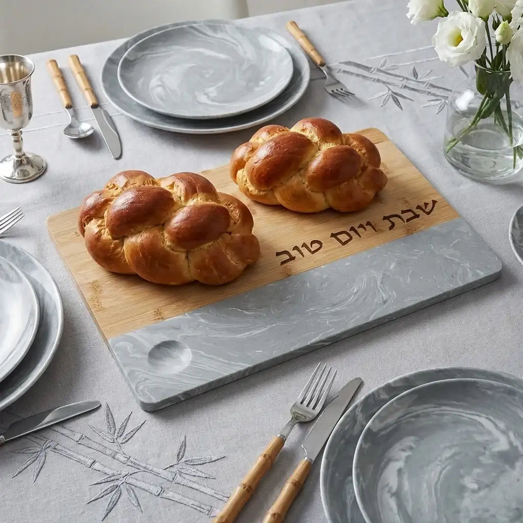 Challah Tray with Knife - Modern Bamboo & Concrete