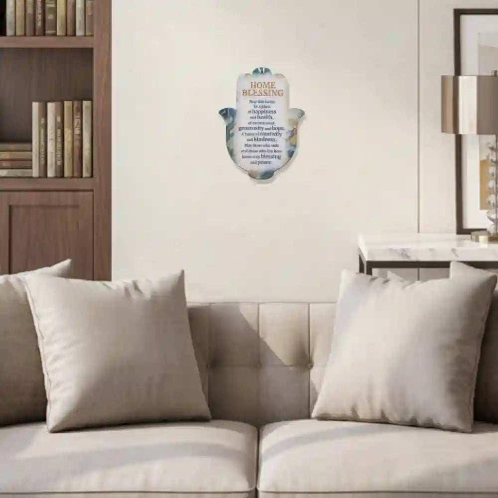 English Birkat HaBayit Hamsa Wall Decor – Light Marble Epoxy & Wood
