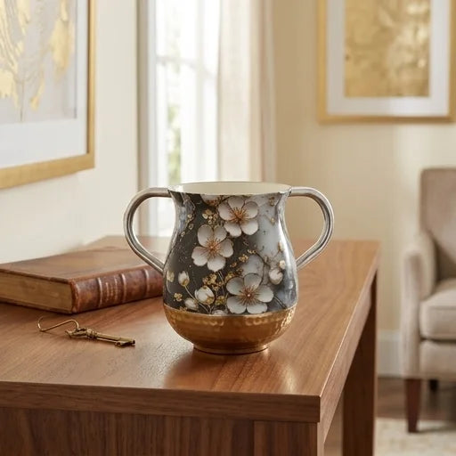 Netilat Yadayim Washing Cup – Aluminum Marble Design with Gold Floral Accents