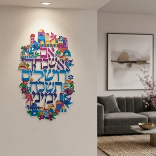 Im Eshkachech Yerushalayim – Colorful Metal Jerusalem Wall Art | Hebrew Jewish Home Decor