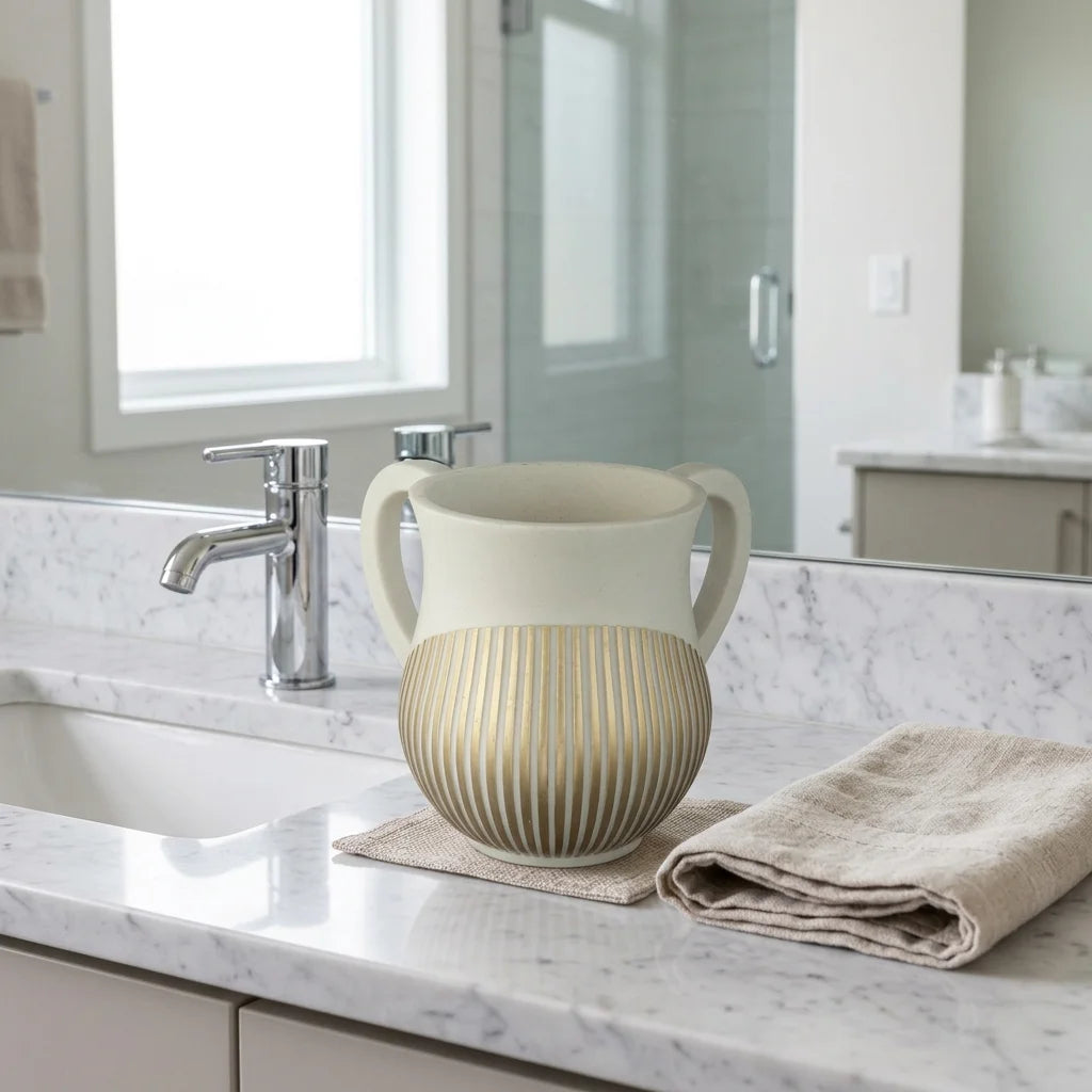 Netilat Yadayim Washing Cup – Elegant Polymer Cup with Gold Stripe Design