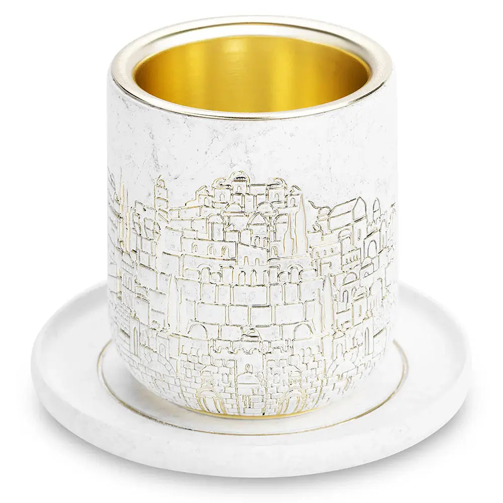 Kiddush Cup with Saucer - Jerusalem Design Modern Stone Finish