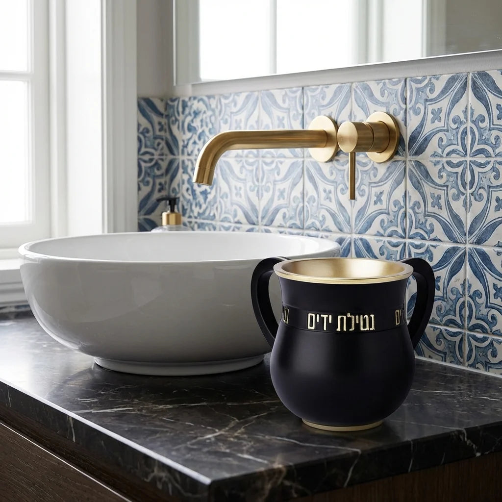 Netilat Yadayim Washing Cup – Black Polymer Cup with Gold Hebrew Design