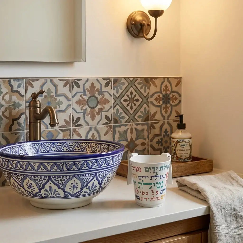 Netilat Yadayim Washing Cup – Bamboo Netilah Cup with Colorful Hebrew Design