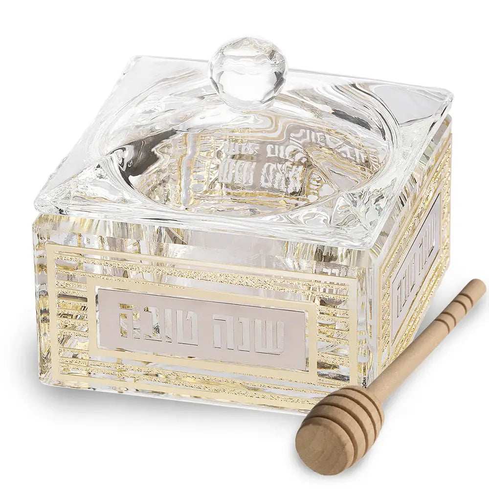 Honey Dish for Rosh Hashanah with Gold Plaque - Luxury Crystal