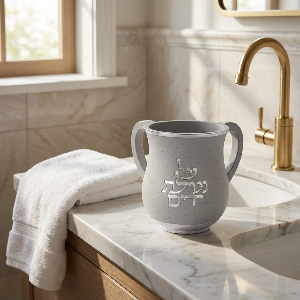 Netilat Yadayim Washing Cup – Gray Polymer Cup with Silver Accents & Hebrew Design