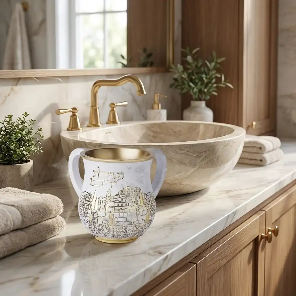 Netilat Yadayim Washing Cup – Polymer Jerusalem Design with Gold Accents