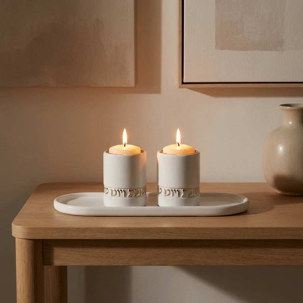 Shabbat Candle Lighting Set with Tray & Candlesticks - Polymer