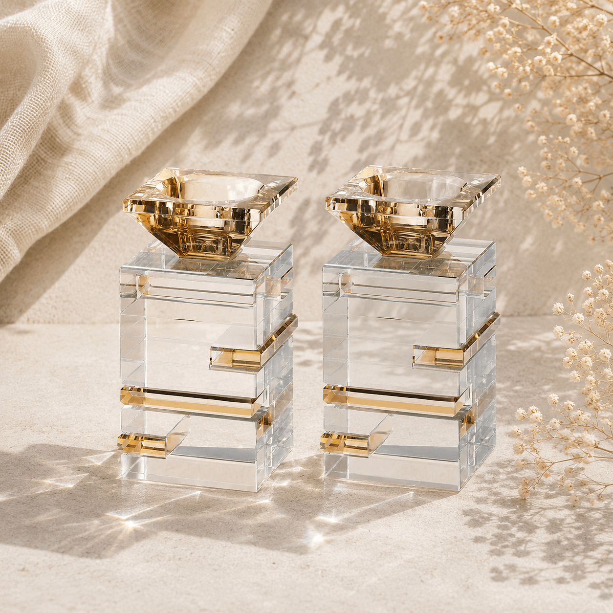 Crystal Candlesticks - Clear & Gold Luxury Shabbat Set