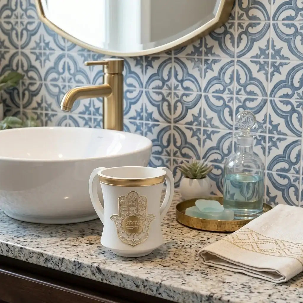 Netilat Yadayim Washing Cup - Polymer Hamsa Design Light Stone Finish