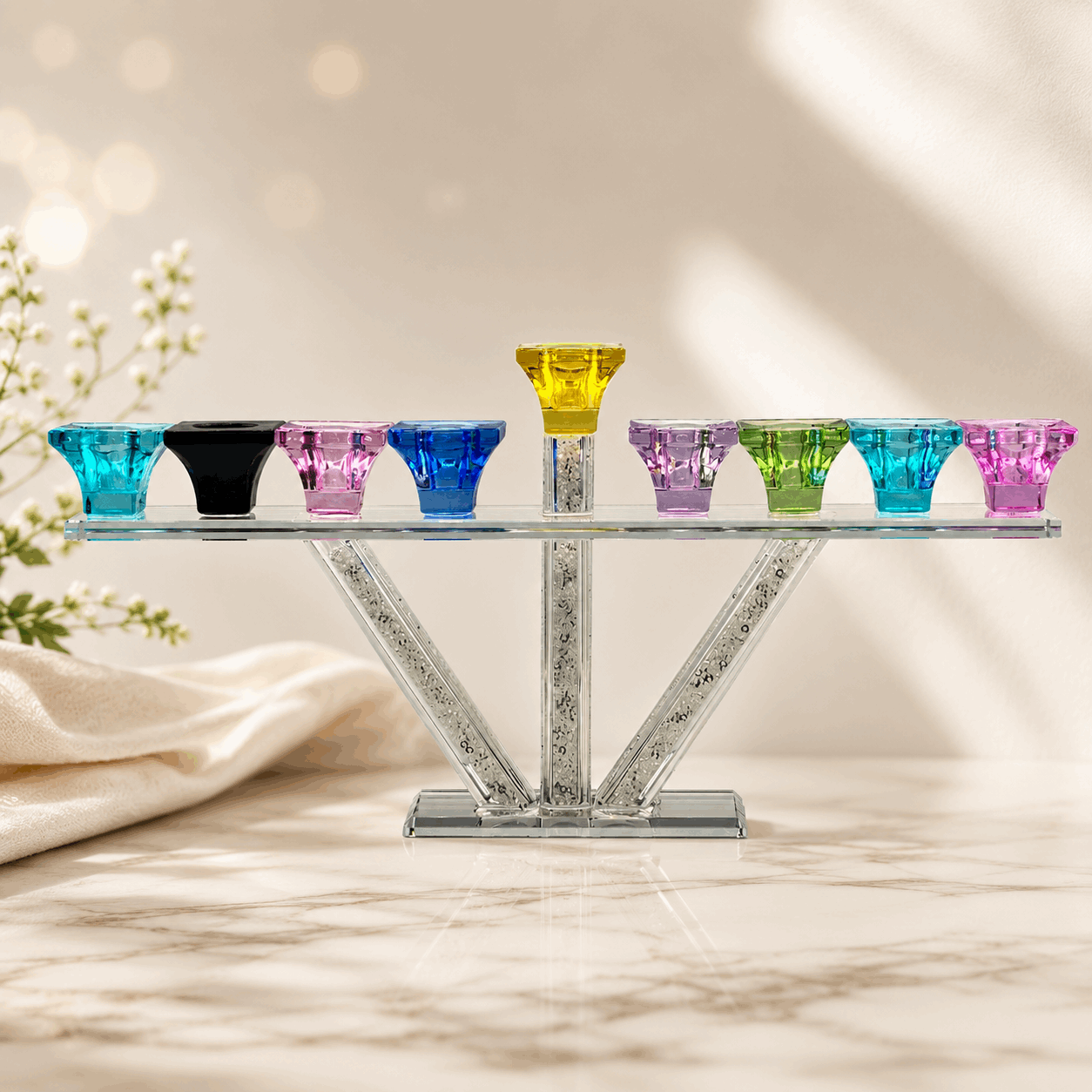 Hanukkiah – V-Line Crystal Hanukkah Menorah | Colorful or Clear Crystal Edition