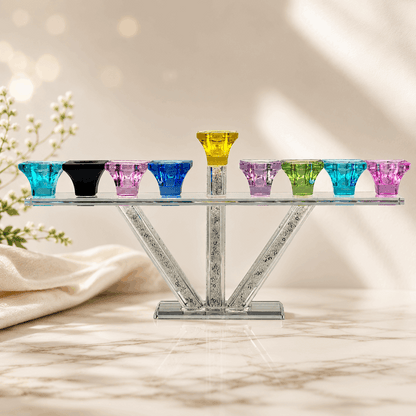 Hanukkiah – V-Line Crystal Hanukkah Menorah | Colorful or Clear Crystal Edition