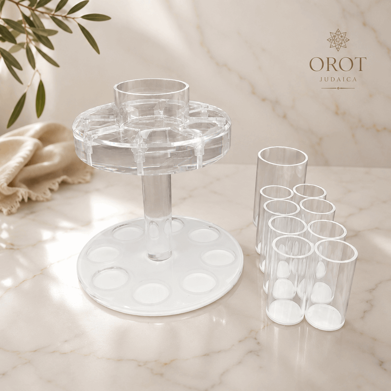 Kiddush Wine Fountain Set - Acrylic Kiddush Cup with 8 Wine Cups | Elegant Shabbat & Yom Tov Wine Dispenser