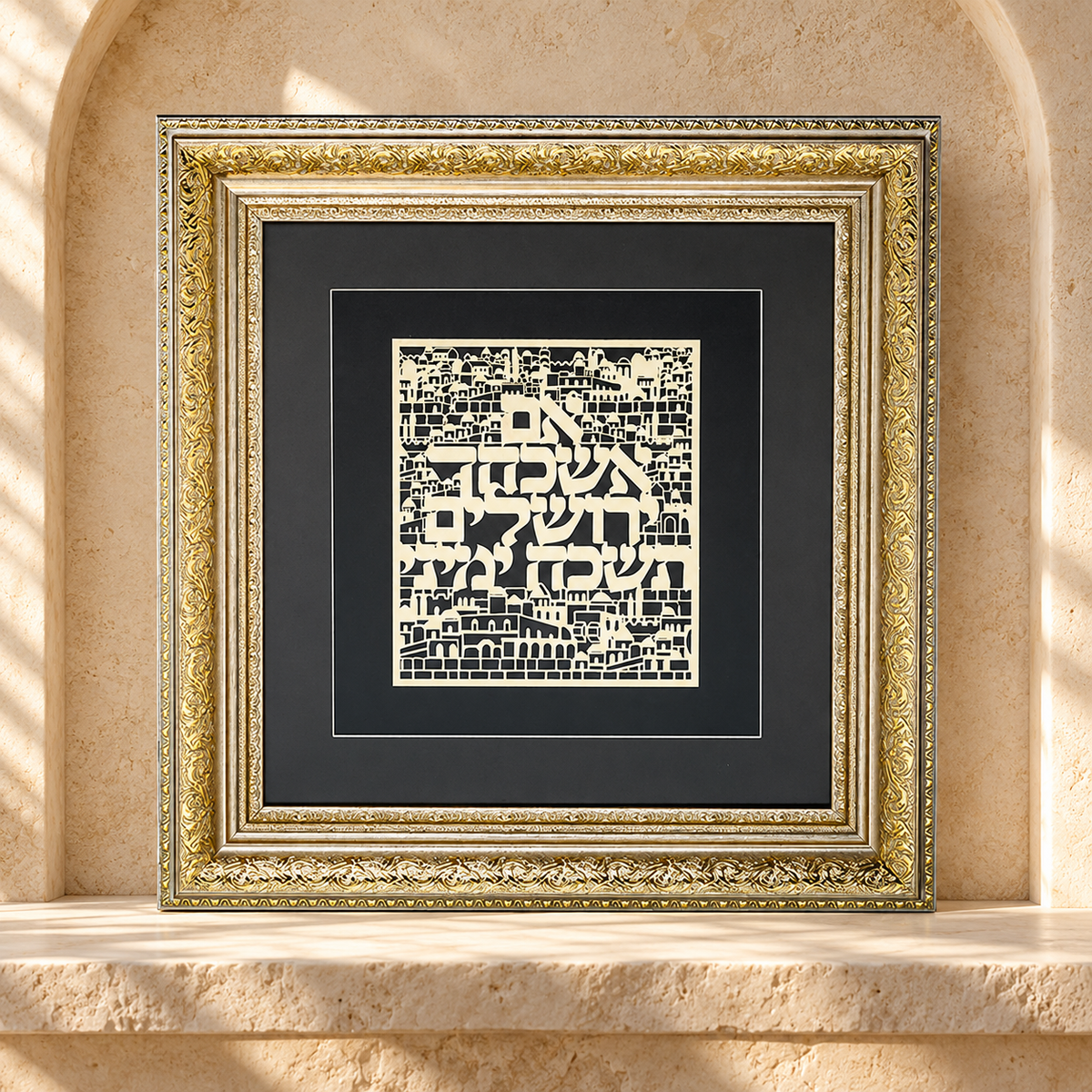 Im Eshkachech Yerushalayim – Framed Jerusalem Papercut Wall Art with Gold Plaque | Jewish Home Decor