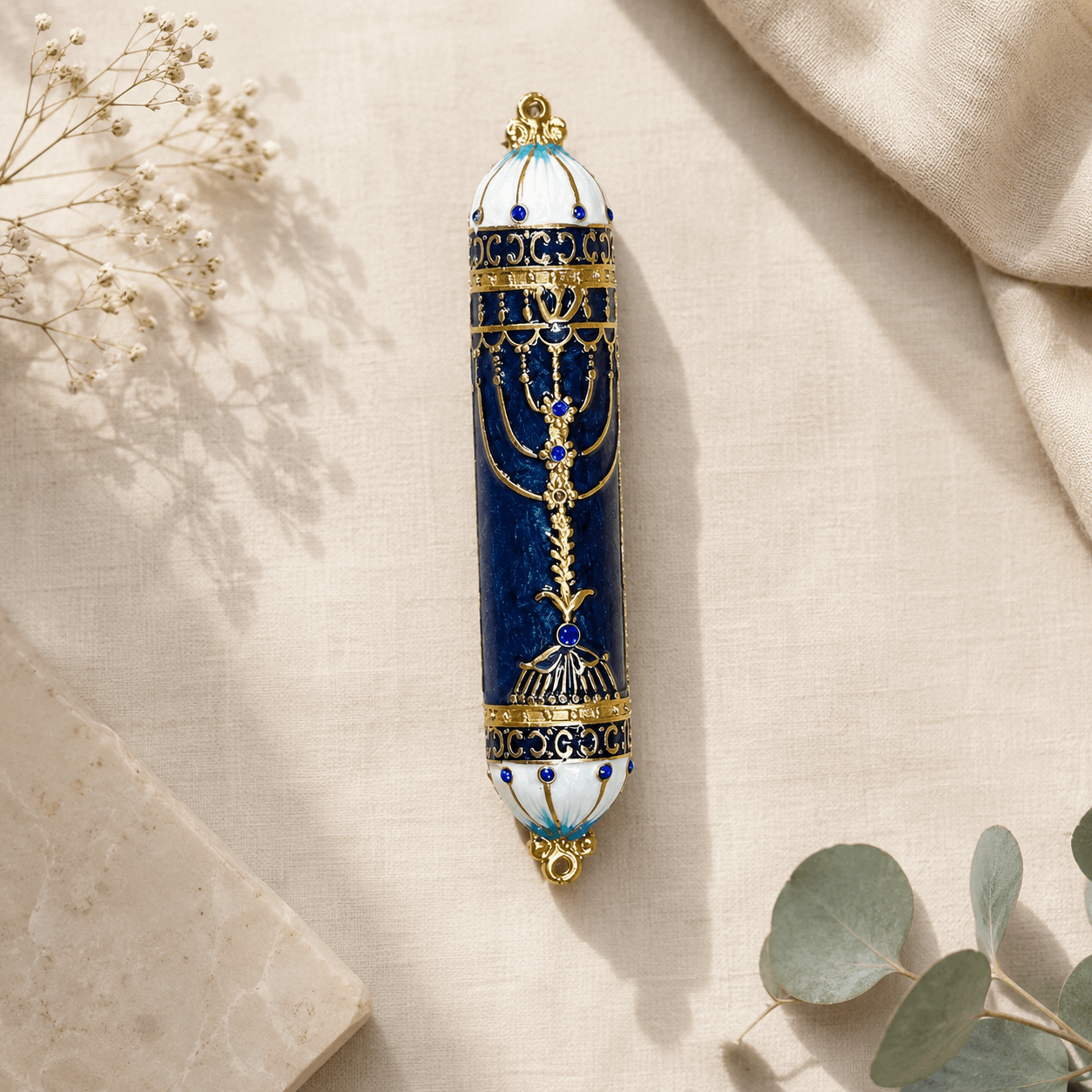 Mezuzah Case – Golden Menorah Metal Mezuzah | Fits 3.95" Klaf
