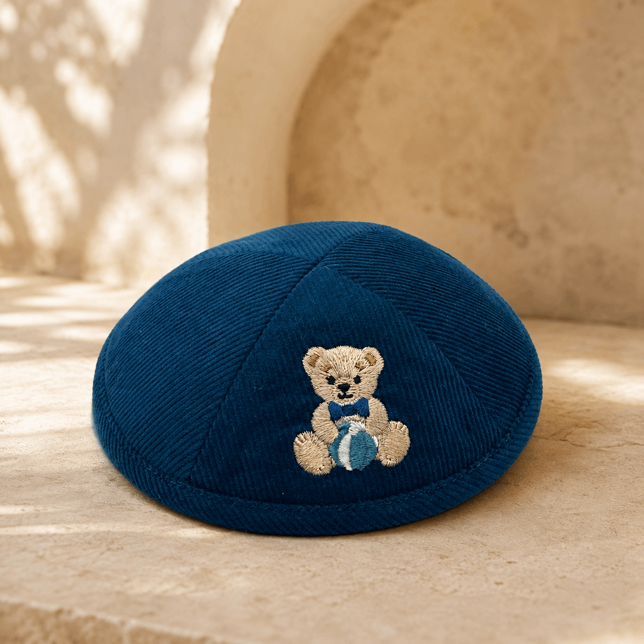 Kippah – Navy Blue Corduroy Kippah with Embroidered Teddy Bear | Kids Yarmulke