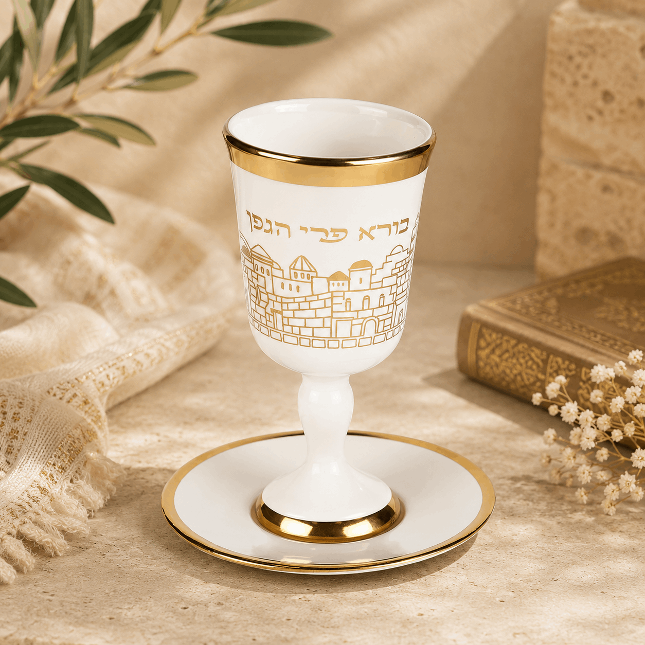 Kiddush Cup - Jerusalem Gold with Saucer