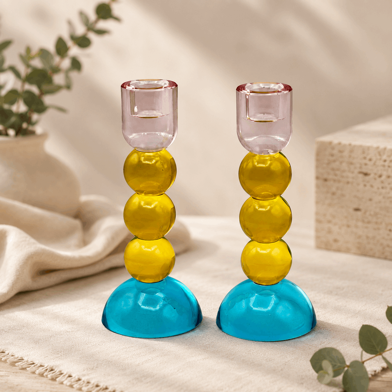 Candlesticks – Modern Glass Shabbat & Yom Tov Candlesticks | Pastel Blue, Yellow & Pink Bubble Design