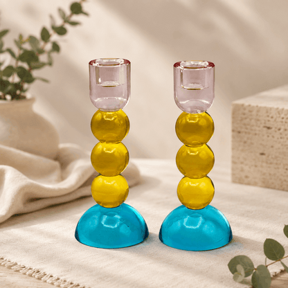 Candlesticks – Modern Glass Shabbat & Yom Tov Candlesticks | Pastel Blue, Yellow & Pink Bubble Design