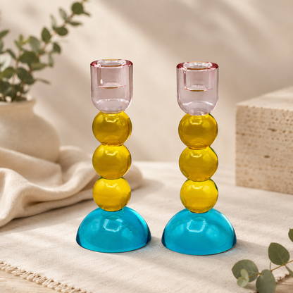 Candlesticks – Modern Glass Shabbat & Yom Tov Candlesticks | Pastel Blue, Yellow & Pink Bubble Design