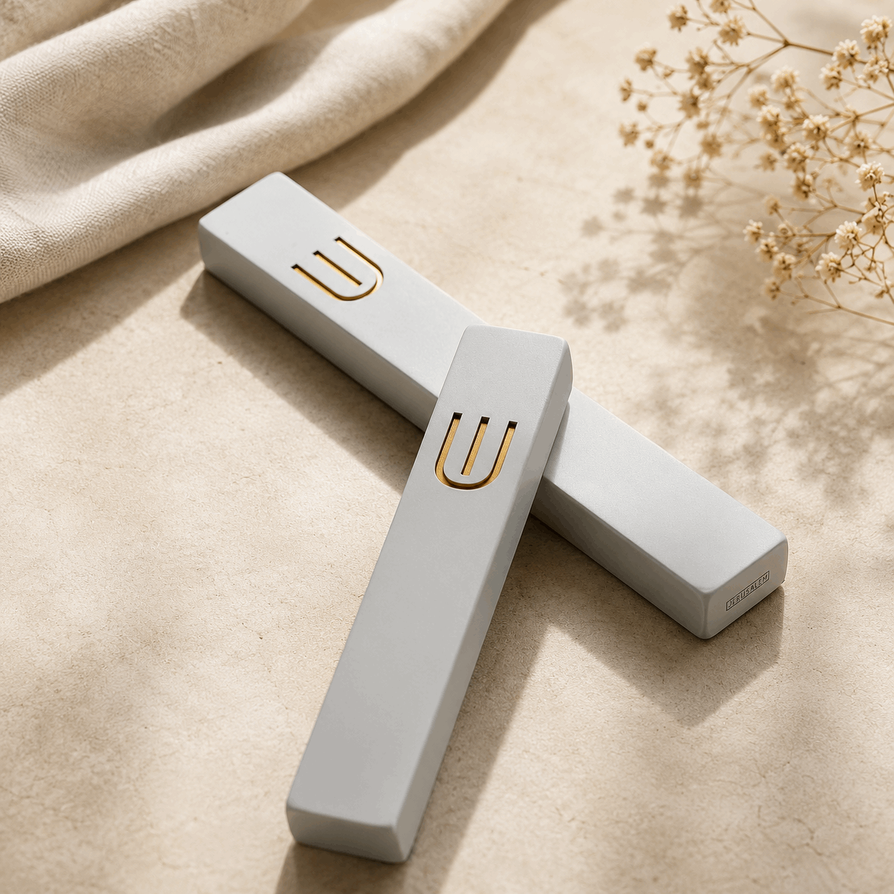 Mezuzah Case – White Concrete Mezuzah with Gold Shin | Fits 5.9" or 7.9" Klaf