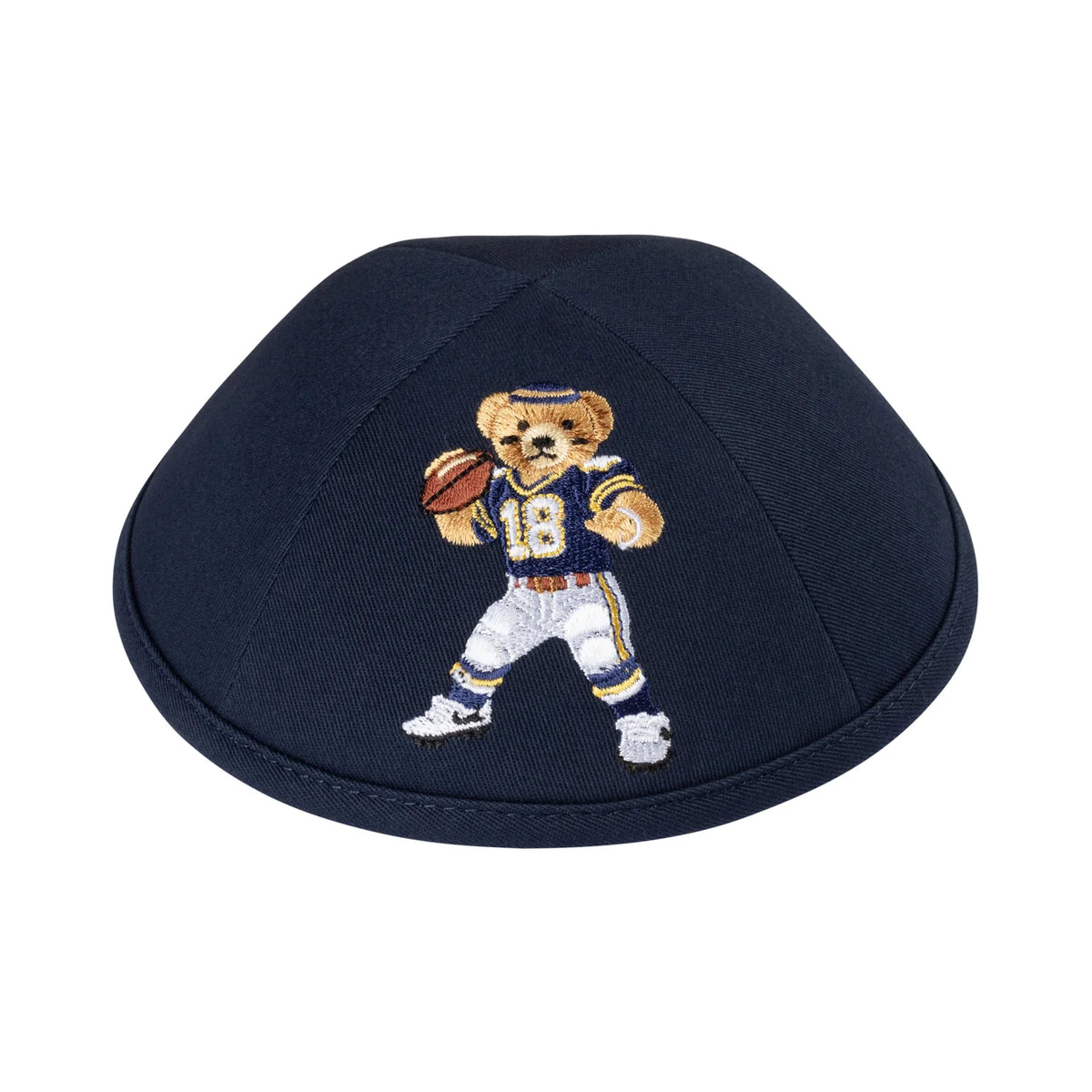 Cotton Kippah - iKIPPAH Embroidered Football Bear Dark Navy Yarmulke