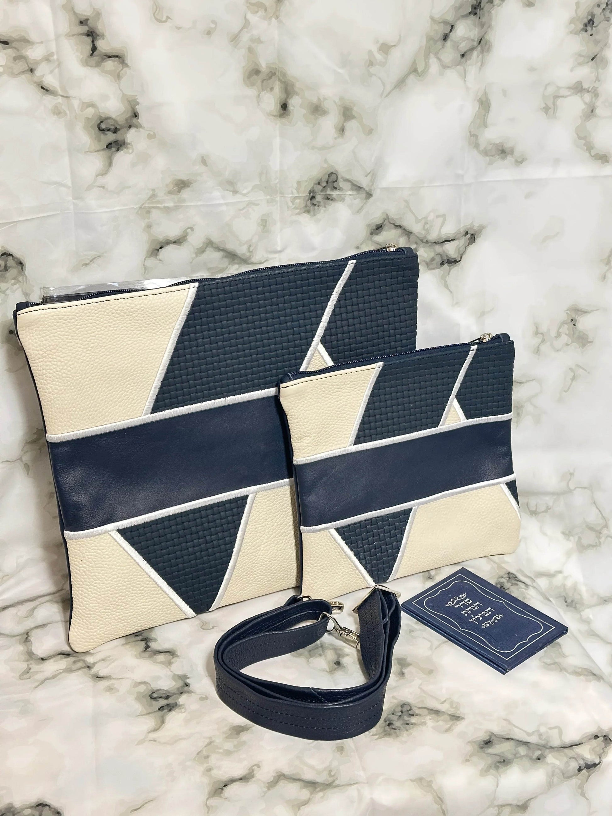 Tallit and Tefillin Bag Set - Genuine Leather Blue and White - Orot Judaica