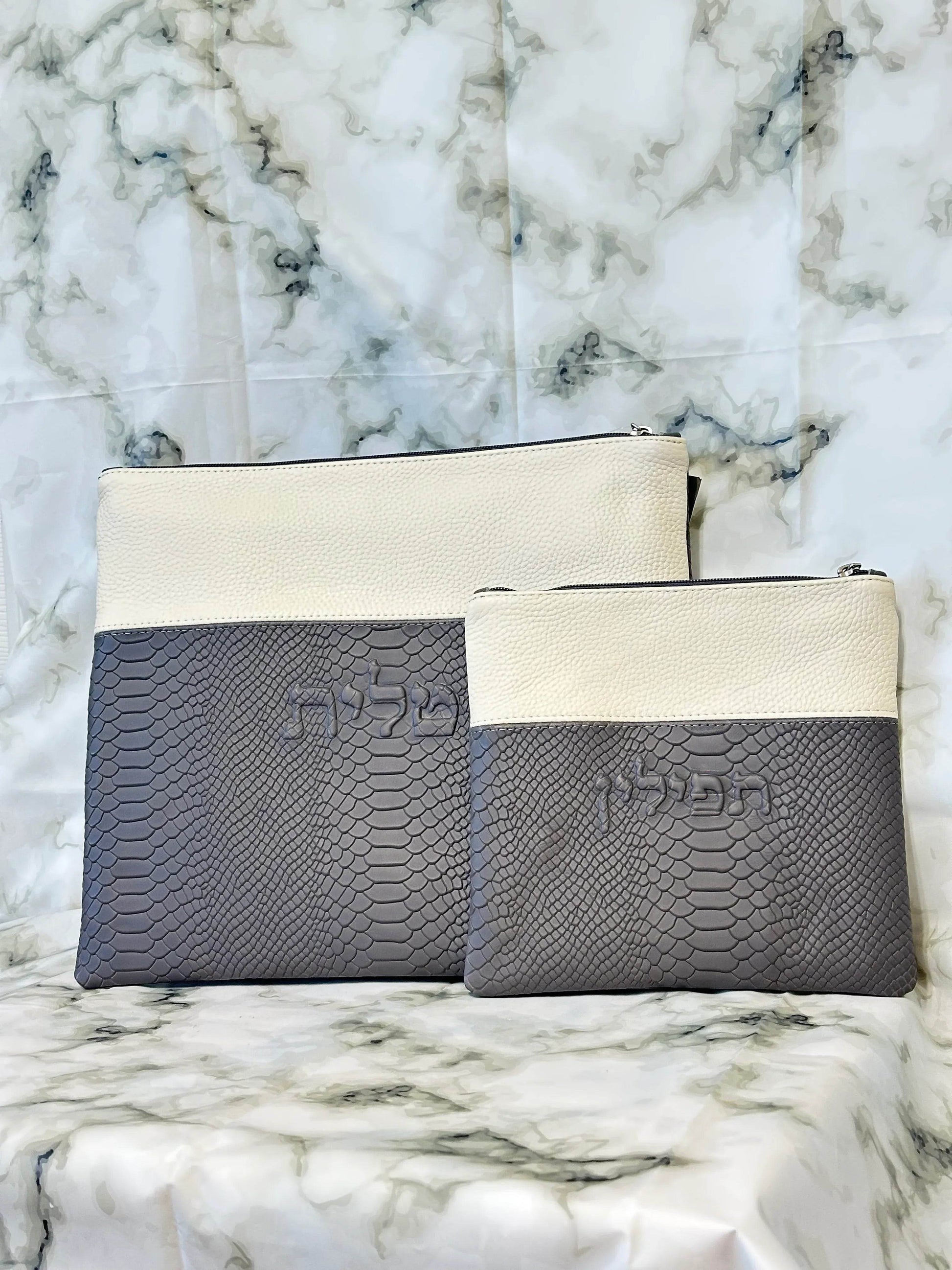 Tallit and Tefillin Bag Set - Genuine Leather Gray Python Embossed with White - Orot Judaica