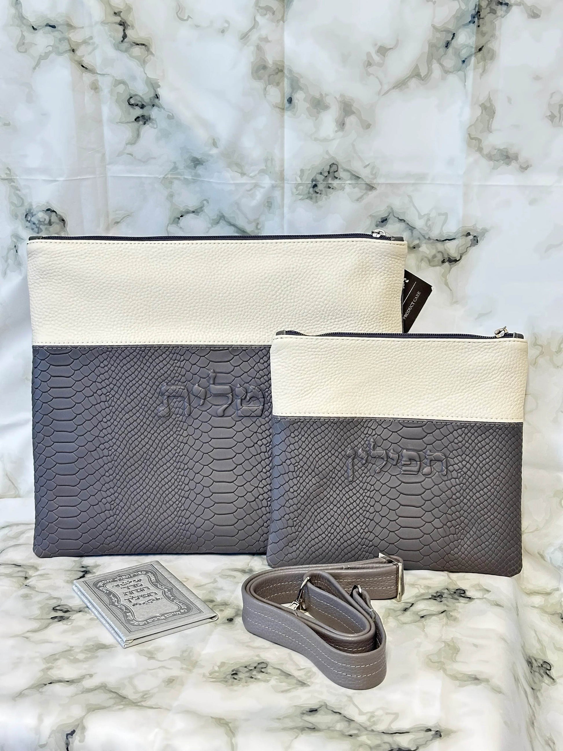 Tallit and Tefillin Bag Set - Genuine Leather Gray Python Embossed with White - Orot Judaica
