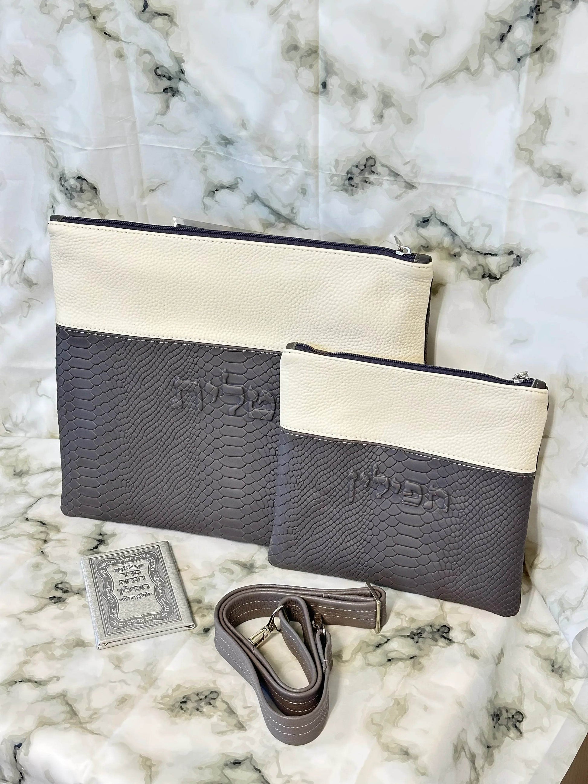 Tallit and Tefillin Bag Set - Genuine Leather Gray Python Embossed with White - Orot Judaica