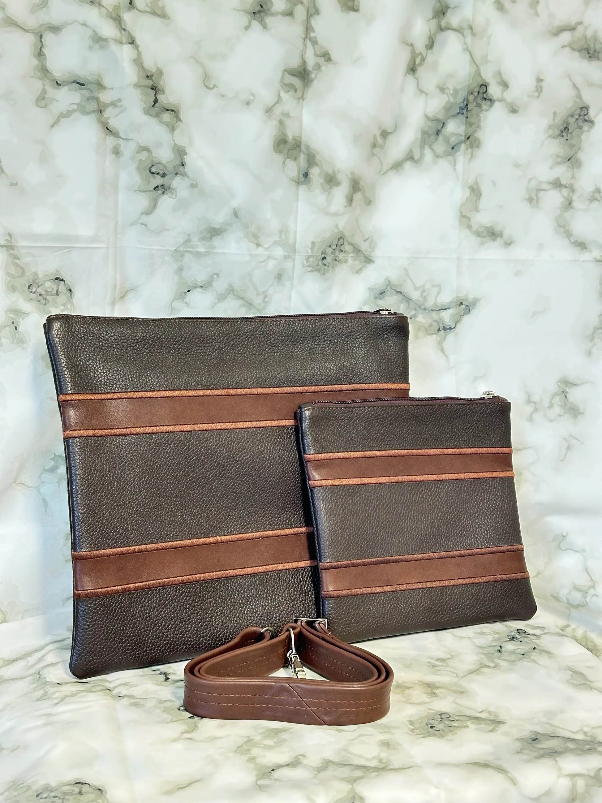 Tallit and Tefillin Bag Set - Genuine Leather Dark Brown with Light Brown Lines - Orot Judaica