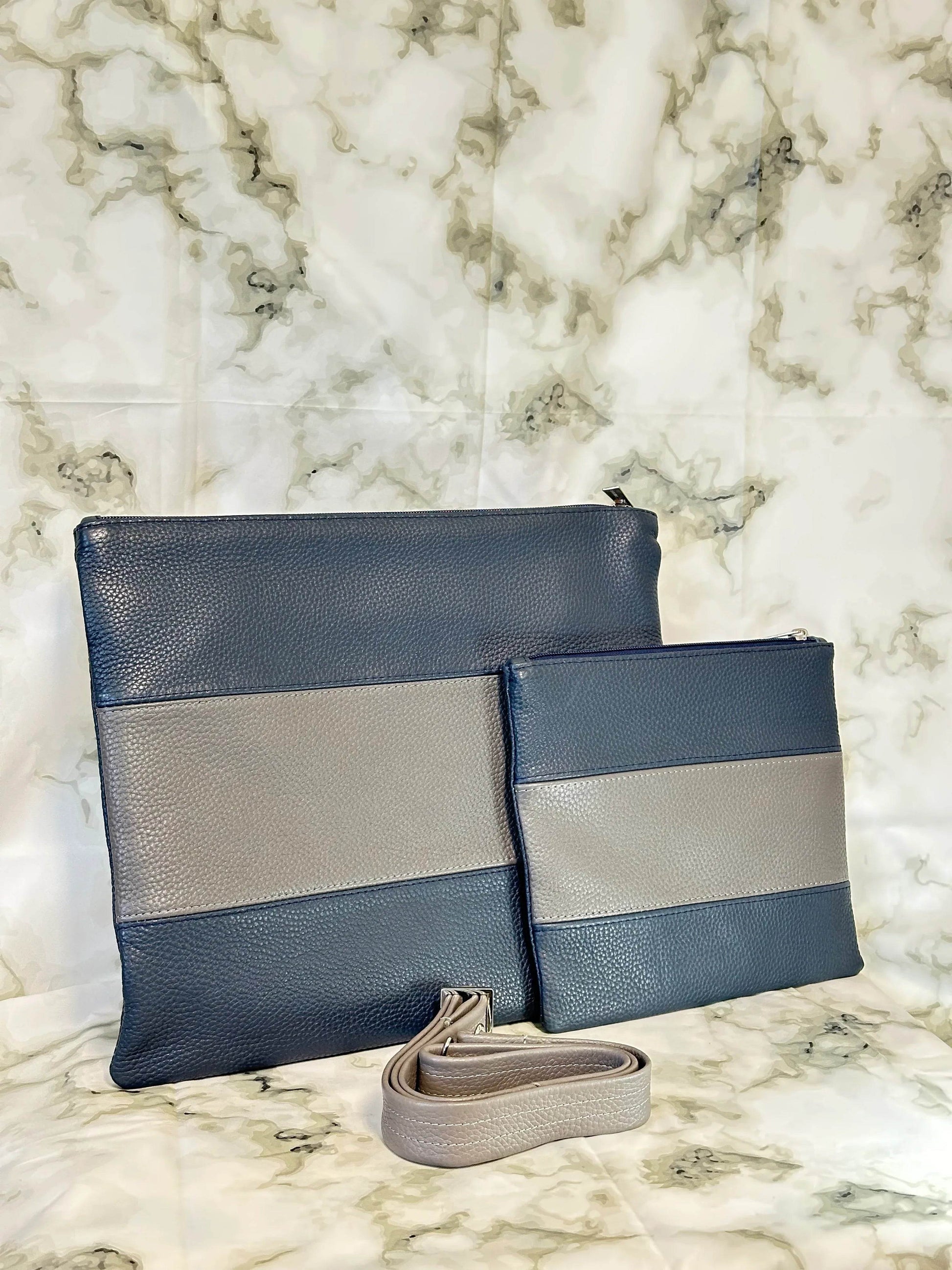 Tallit and Tefillin Bag Set - Genuine Leather Blue and Gray - Orot Judaica