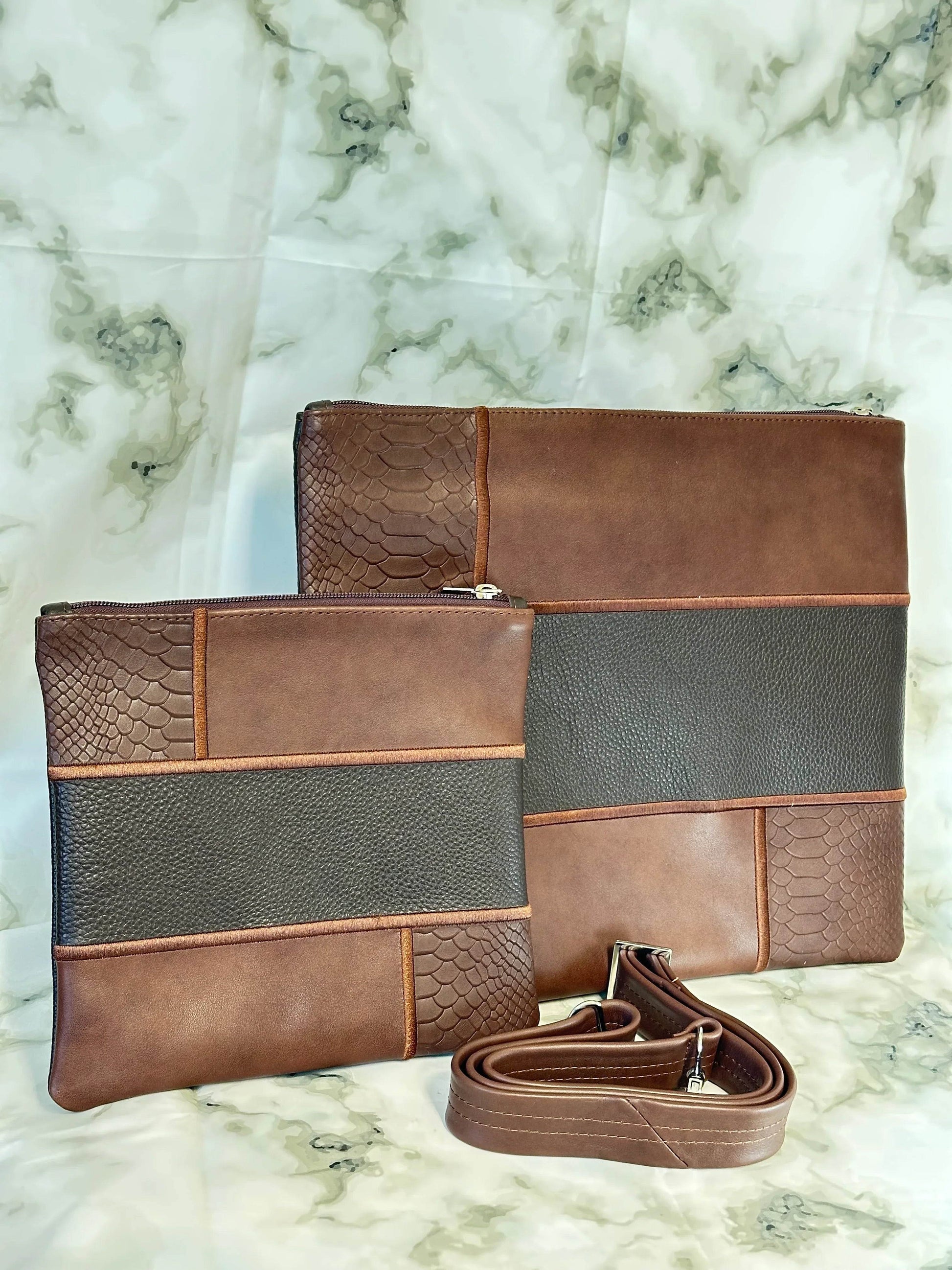 Tallit and Tefillin Bag Set - Genuine Leather Brown with Black and Python Embossed - Orot Judaica