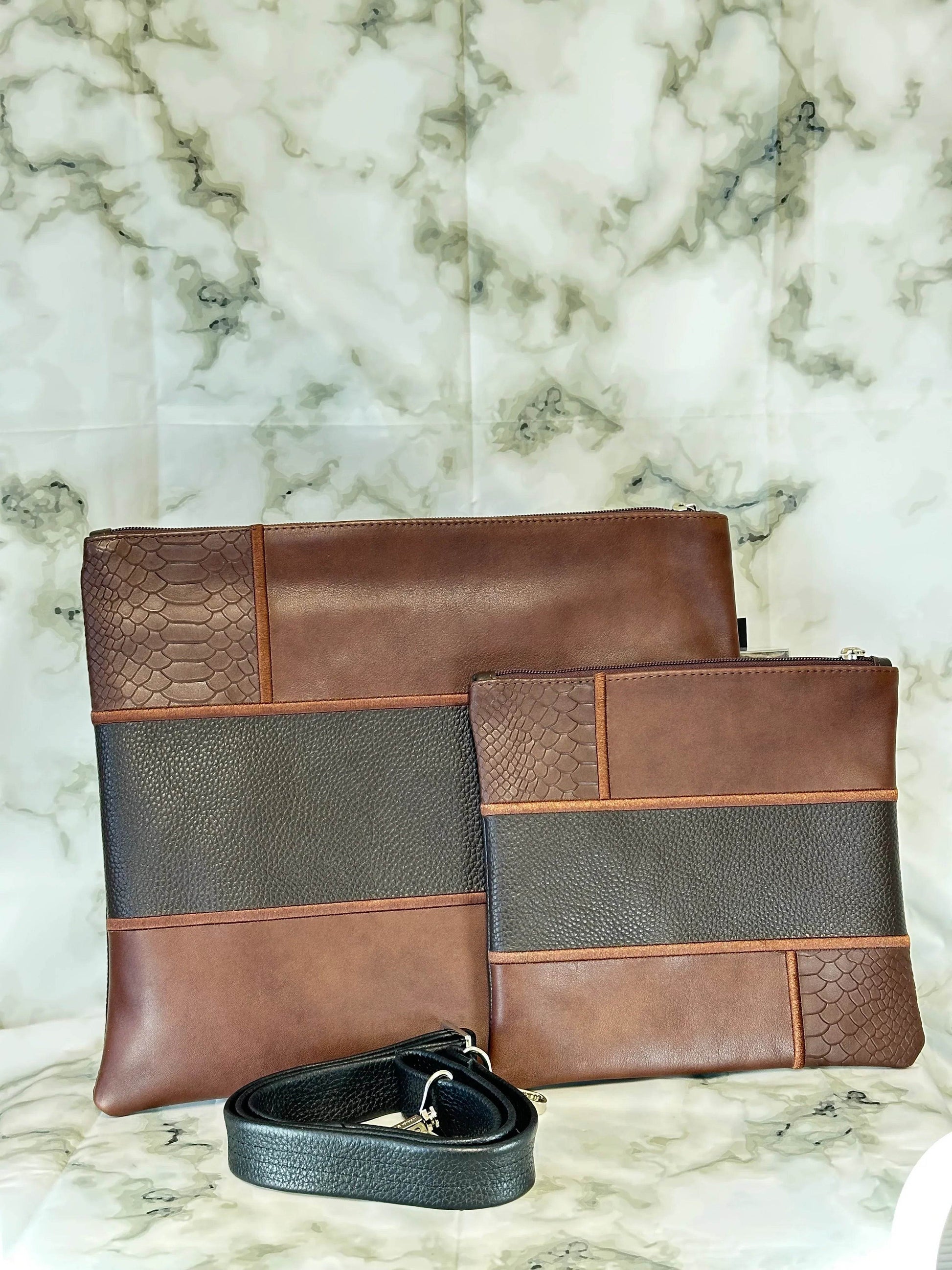 Tallit and Tefillin Bag Set - Genuine Leather Brown with Black and Python Embossed - Orot Judaica