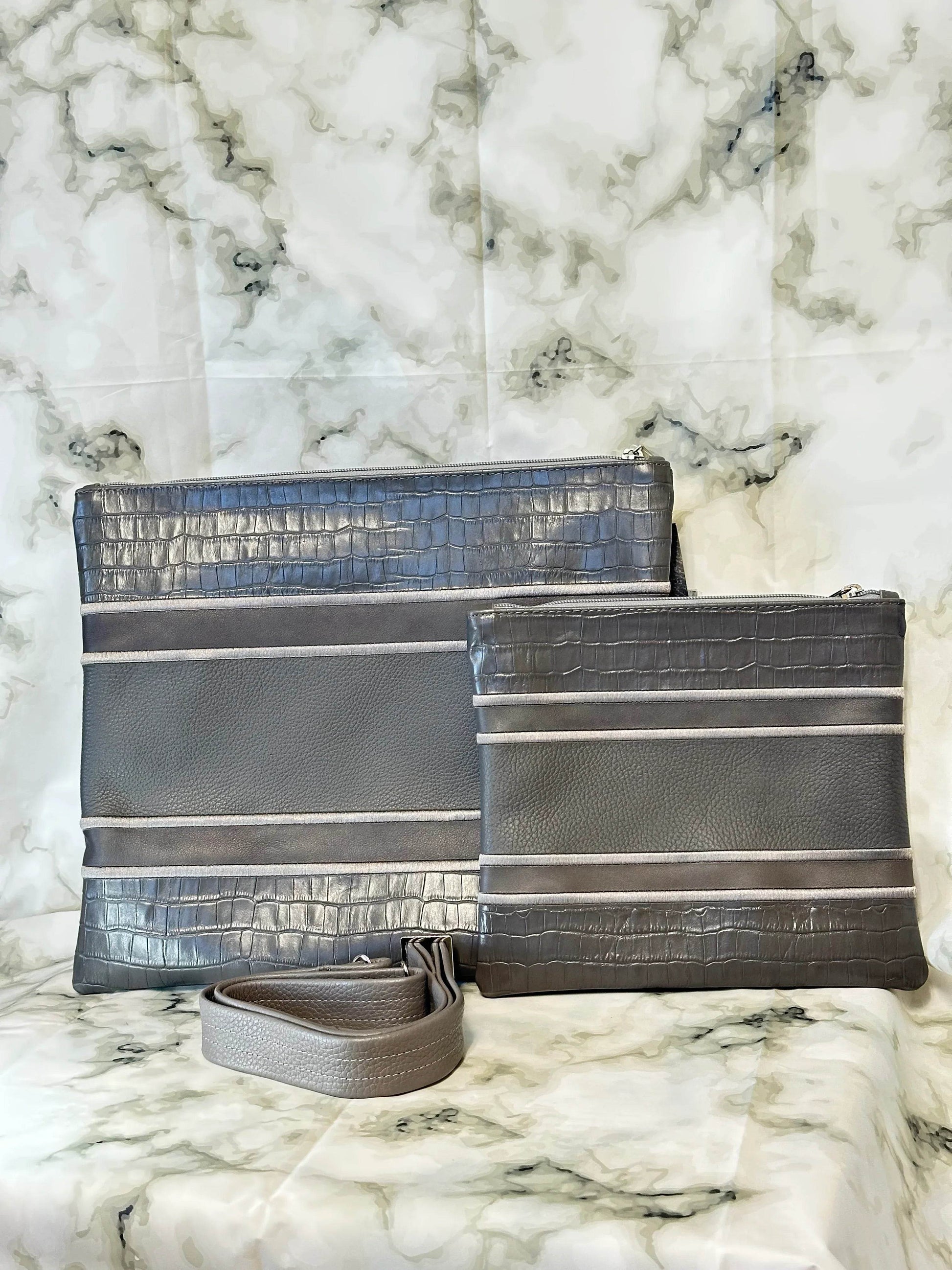 Tallit and Tefillin Bag Set - Genuine Leather Gray Crocodile with Smooth Lines - Orot Judaica