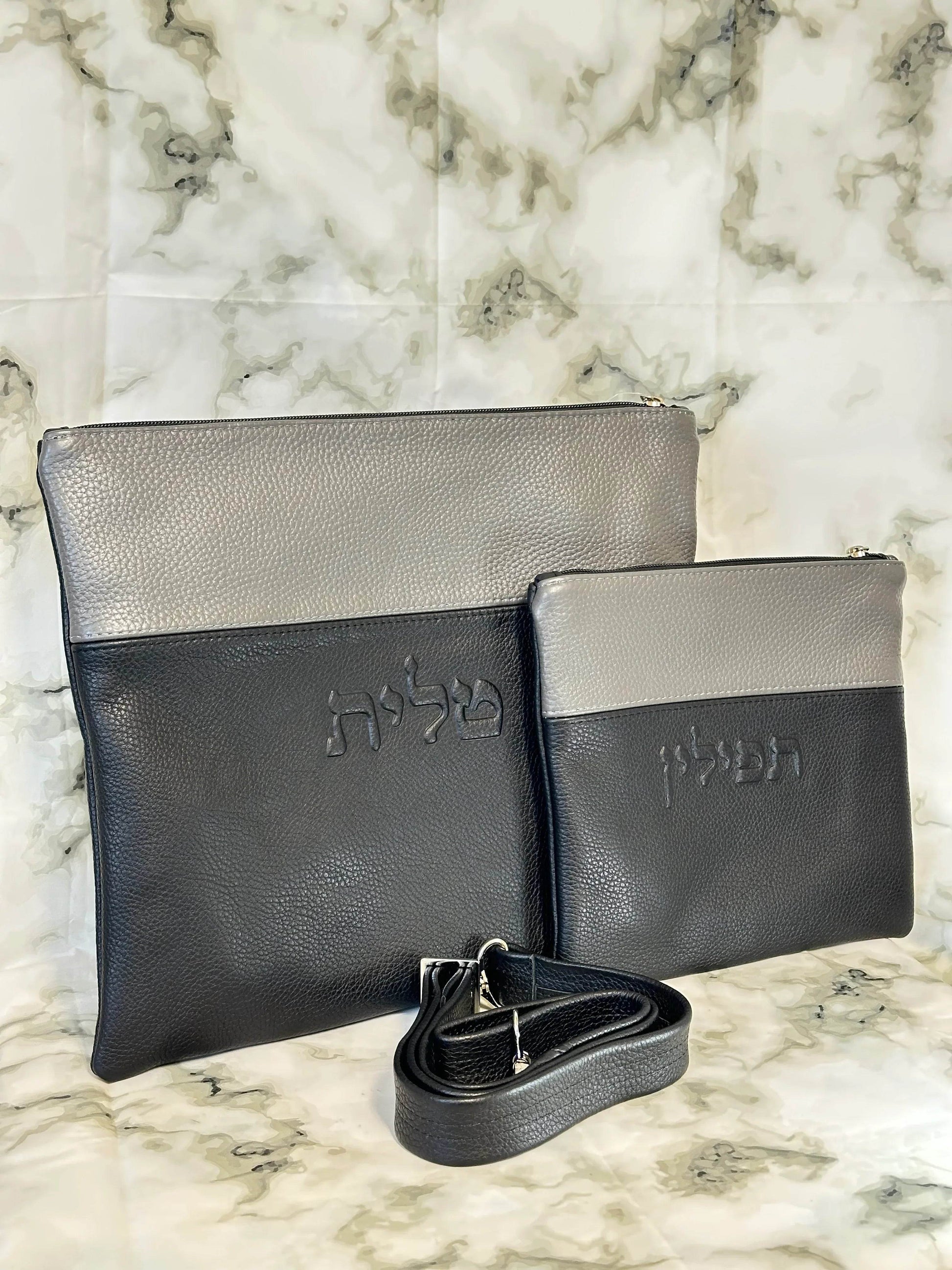 Tallit and Tefillin Bag Set - Genuine Leather Black and Gray - Orot Judaica