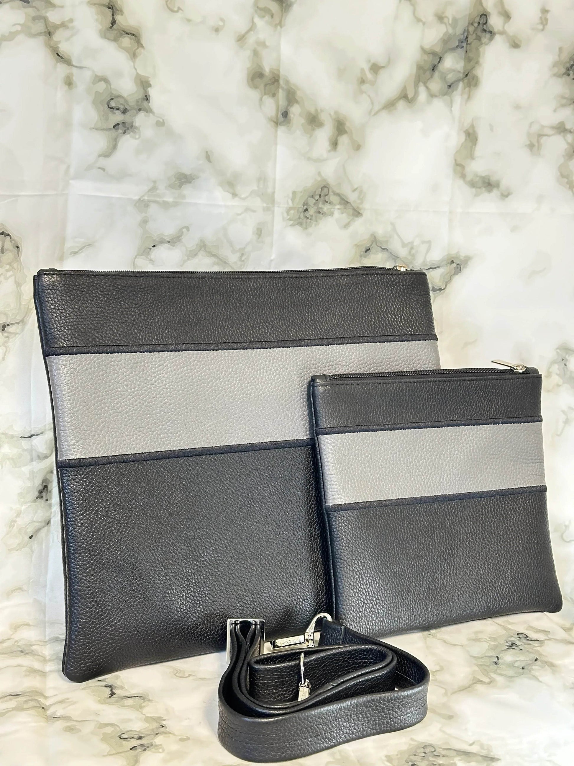 Tallit and Tefillin Bag Set - Genuine Leather Black with Gray Stripe - Orot Judaica
