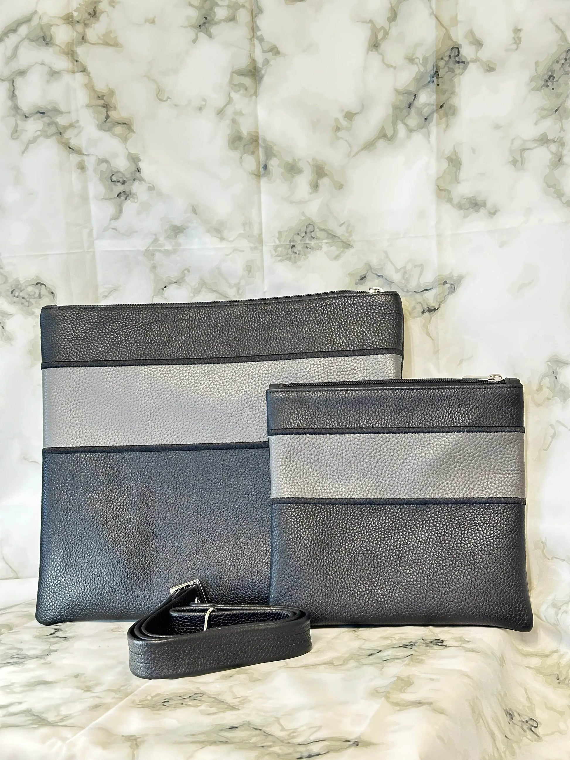Tallit and Tefillin Bag Set - Genuine Leather Black with Gray Stripe - Orot Judaica