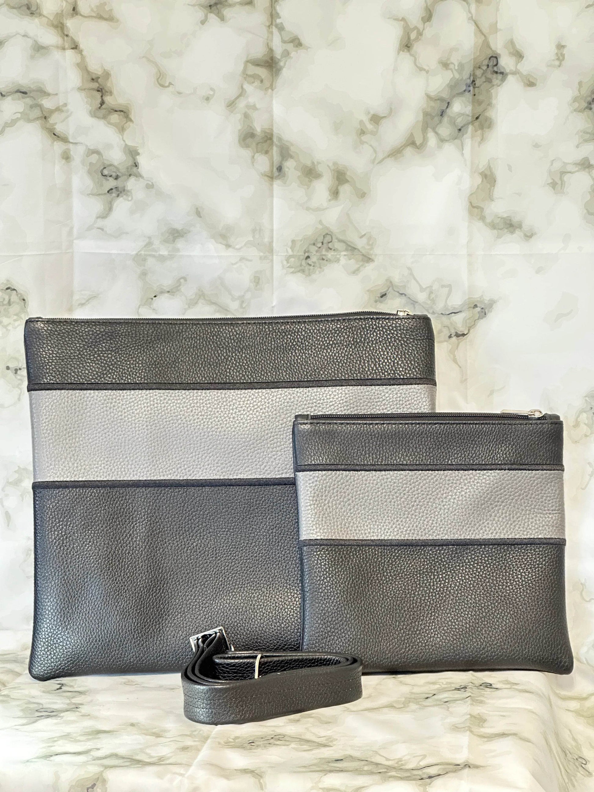 Tallit and Tefillin Bag Set - Genuine Leather Black with Gray Stripe - Orot Judaica