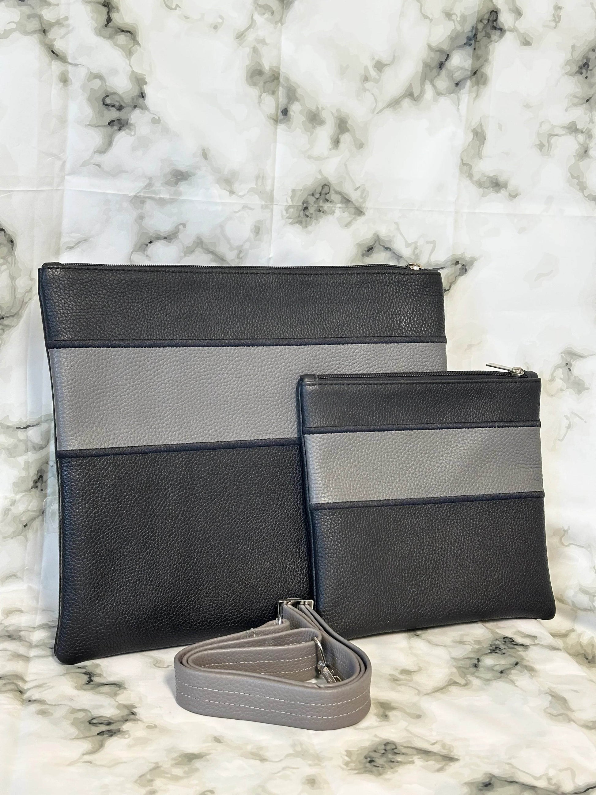 Tallit and Tefillin Bag Set - Genuine Leather Black with Gray Stripe - Orot Judaica