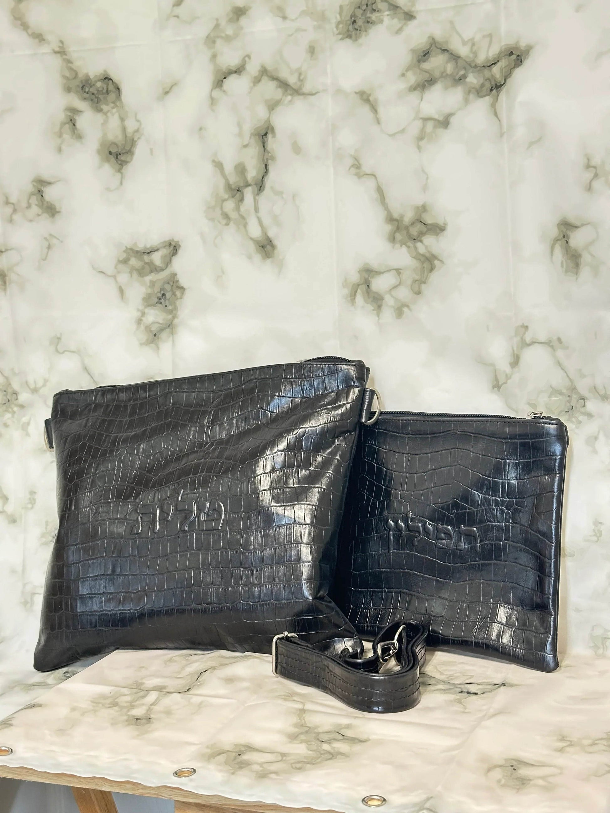 Tallit and Tefillin Bag Set - Genuine Leather Crocodile Embossed Black - Orot Judaica