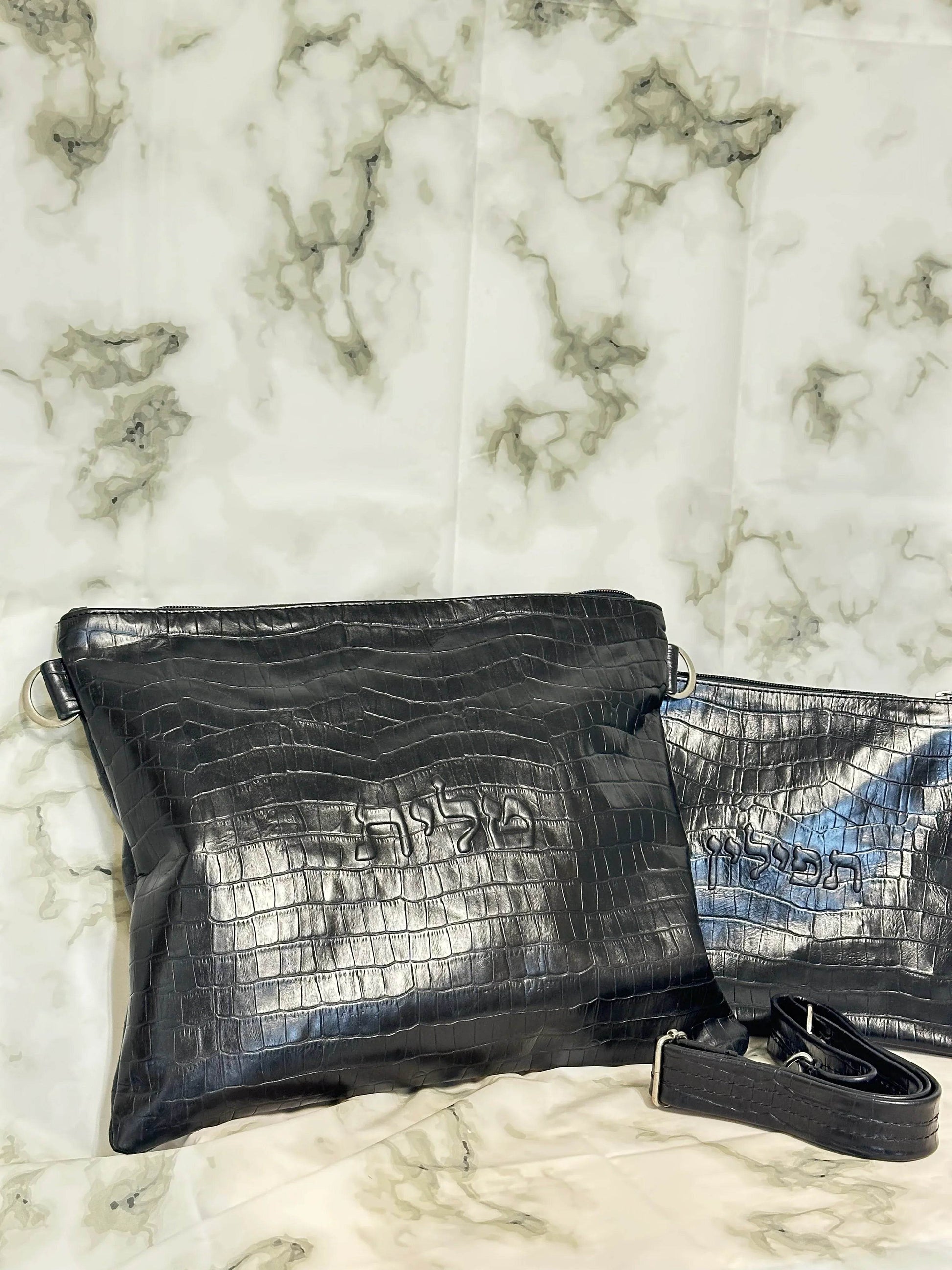 Tallit and Tefillin Bag Set - Genuine Leather Crocodile Embossed Black - Orot Judaica