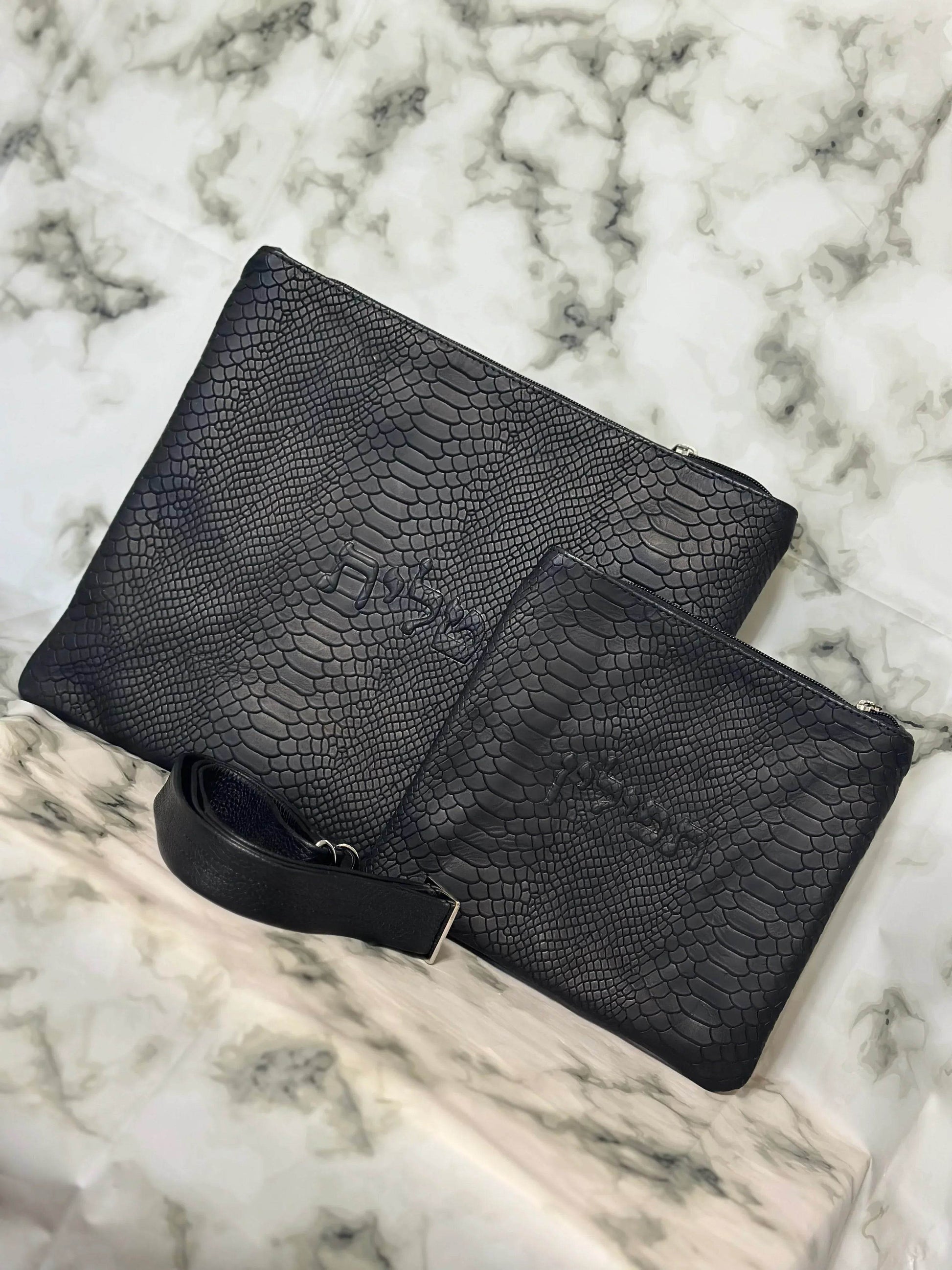 Tallit and Tefillin Bag Set - Genuine Leather Python Embossed Black - Orot Judaica