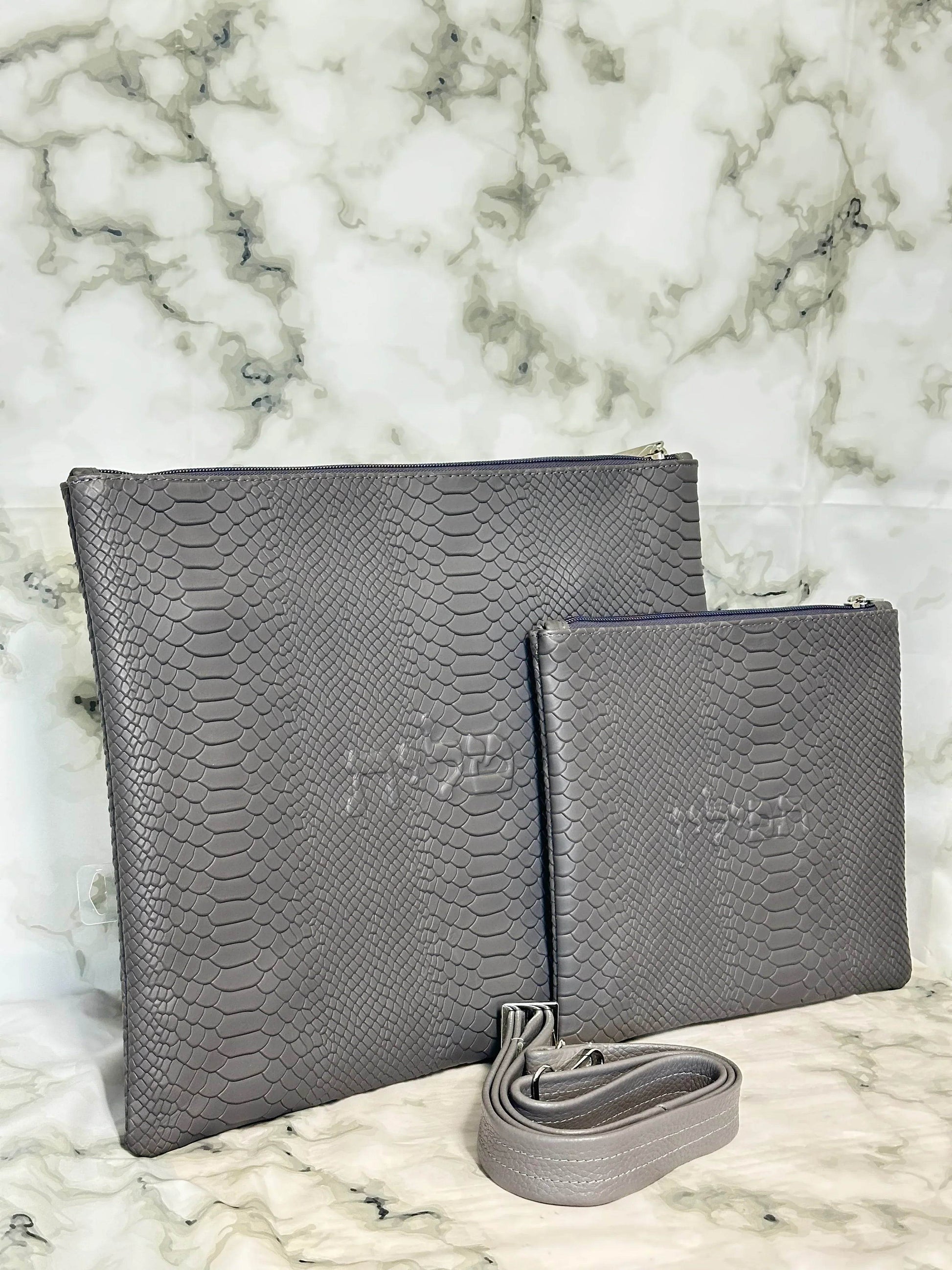 Tallit and Tefillin Bag Set - Genuine Leather Python Embossed Gray - Orot Judaica