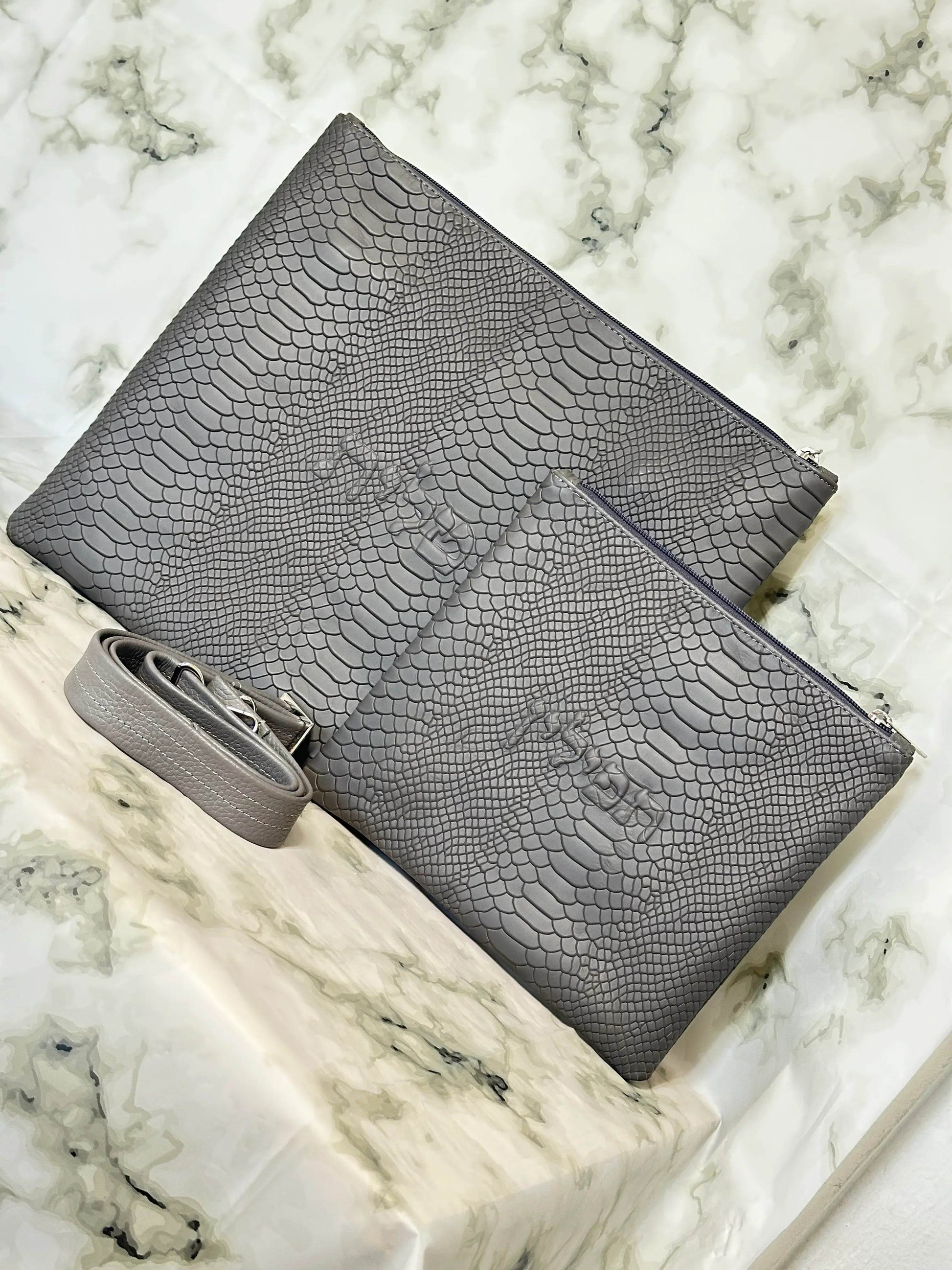 Tallit and Tefillin Bag Set - Genuine Leather Python Embossed Gray - Orot Judaica