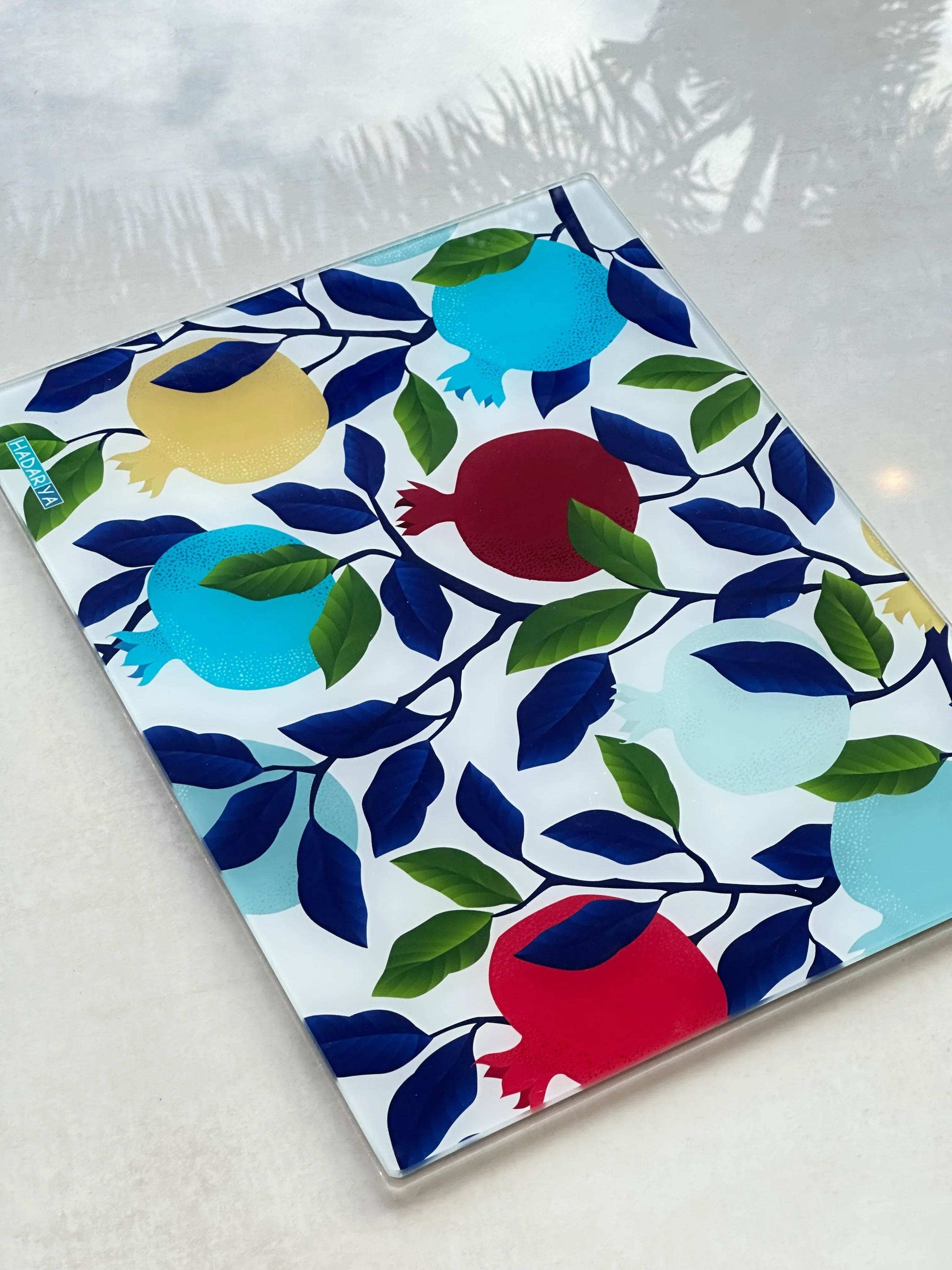 Tempered Glass Challah Tray with Colorful Pomegranates - Orot Judaica