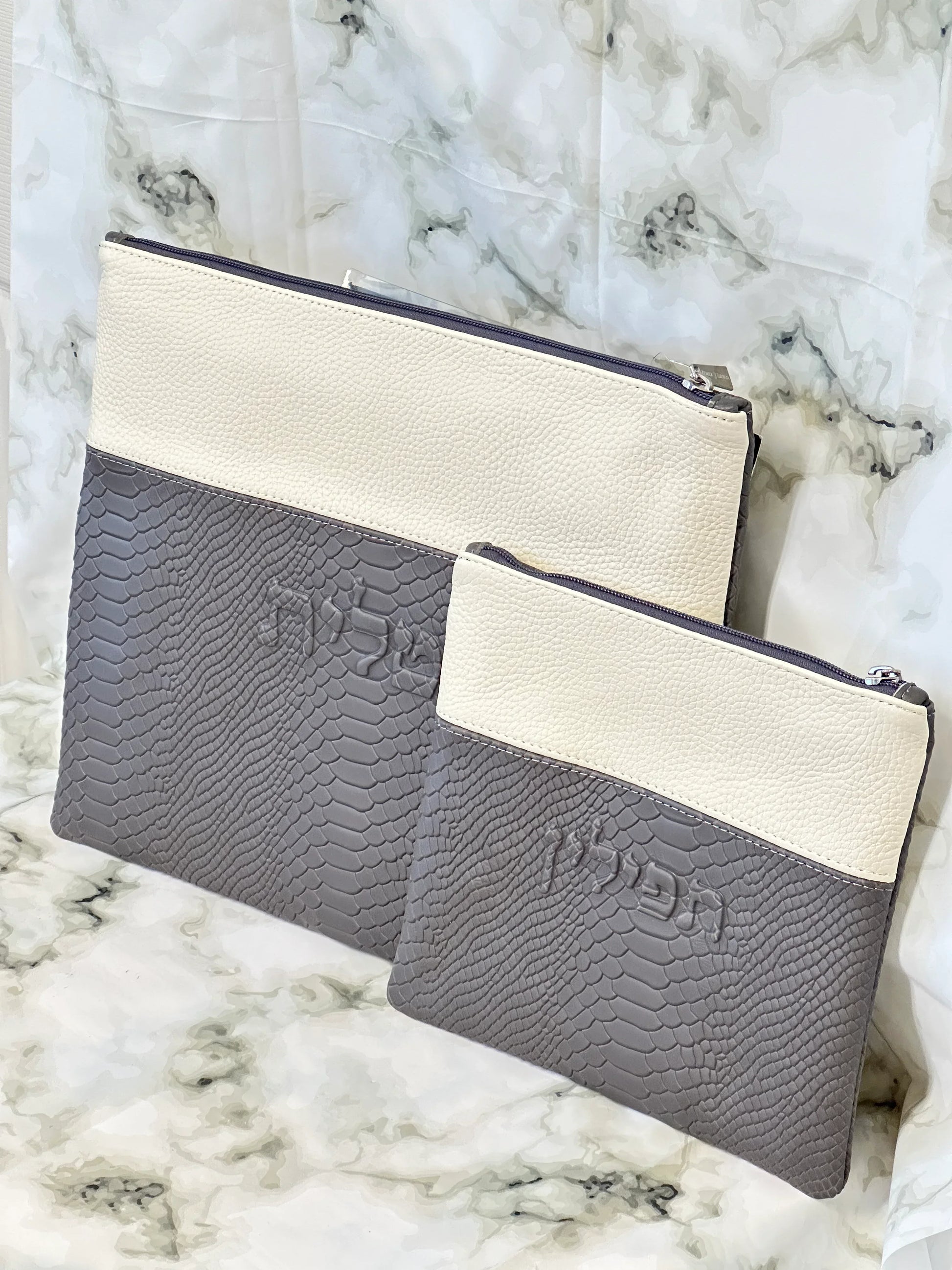 Tallit and Tefillin Bag Set - Genuine Leather Gray Python Embossed with White - Orot Judaica